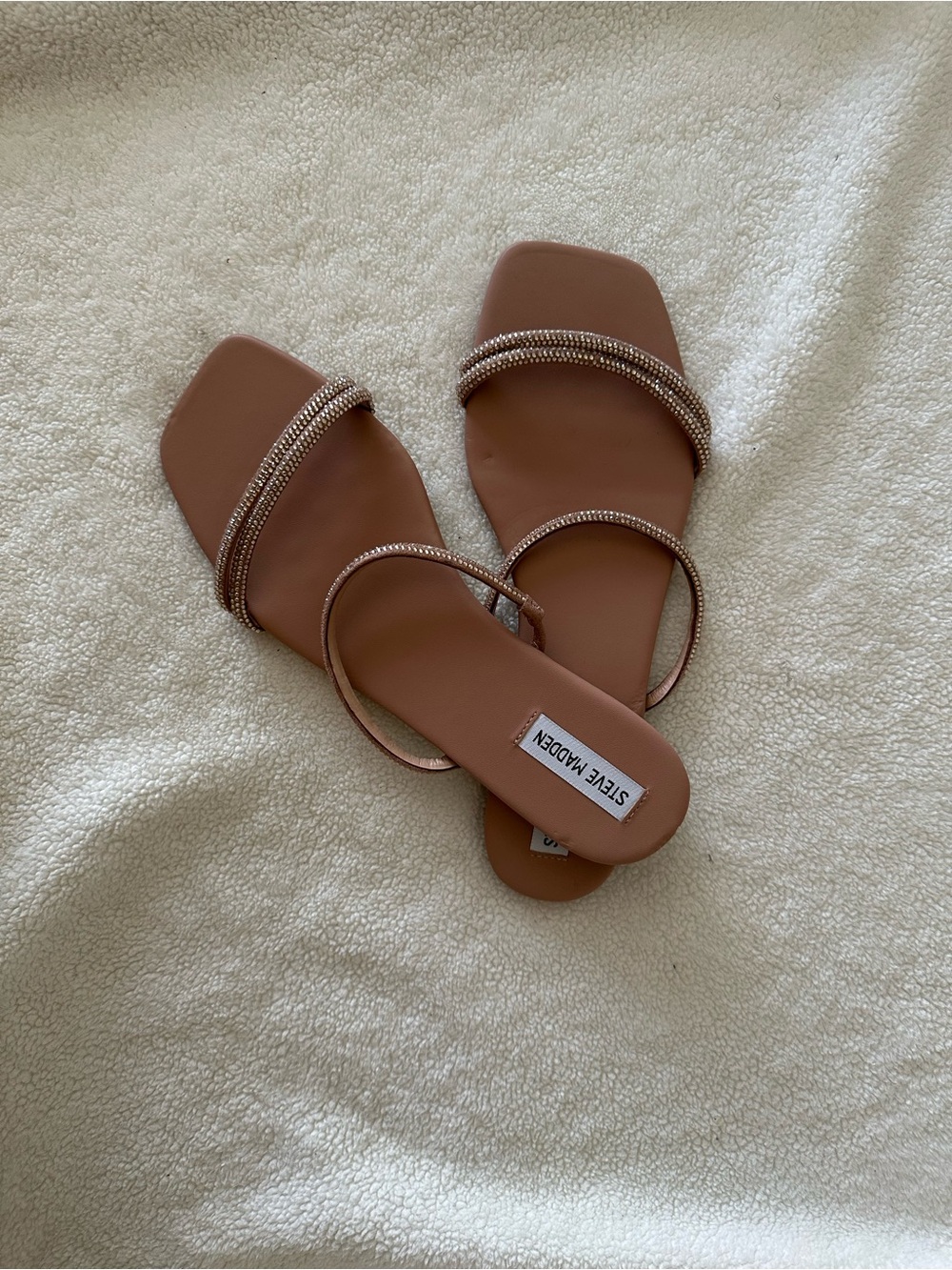 Steve Madden Tan Rhinestone-Strap Square-Toe Slide Sandals - Picture 2 of 4